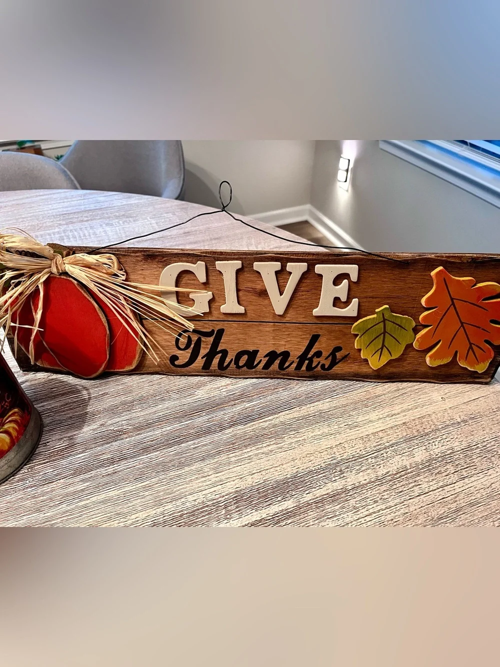 Fall Thanksgiving “Give Thanks” Wooden Holiday Sign and Galvanized Pumpkin Tin